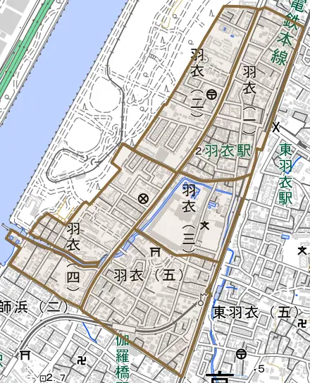 羽衣とその周辺の地図。町の範囲を重ねている