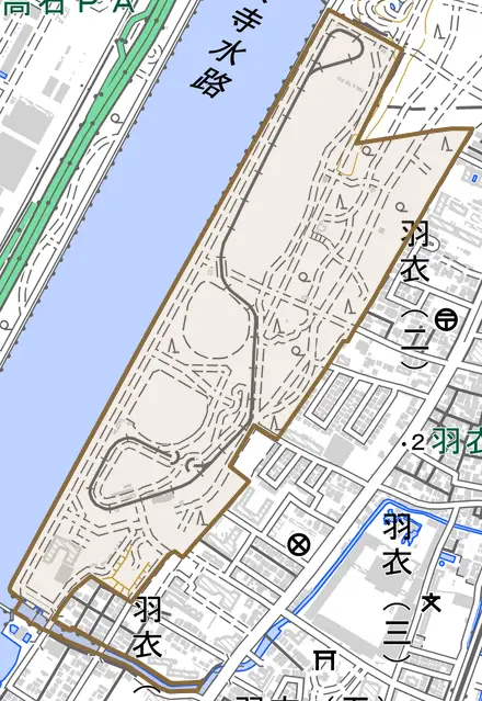 羽衣公園丁とその周辺の地図。町の範囲を重ねている
