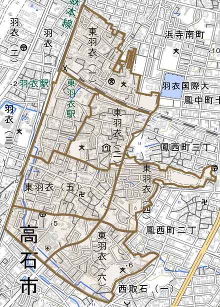 東羽衣とその周辺の地図。町の範囲を重ねている