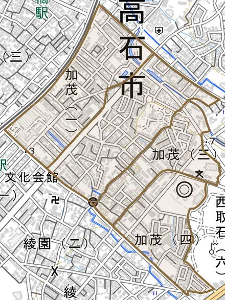 加茂とその周辺の地図。町の範囲を重ねている
