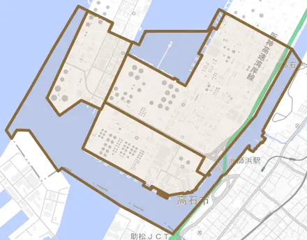 高砂とその周辺の地図。町の範囲を重ねている