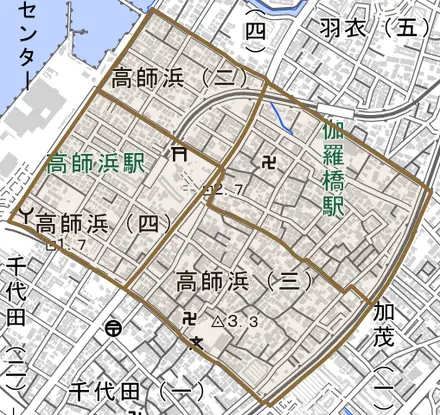 高師浜とその周辺の地図。町の範囲を重ねている