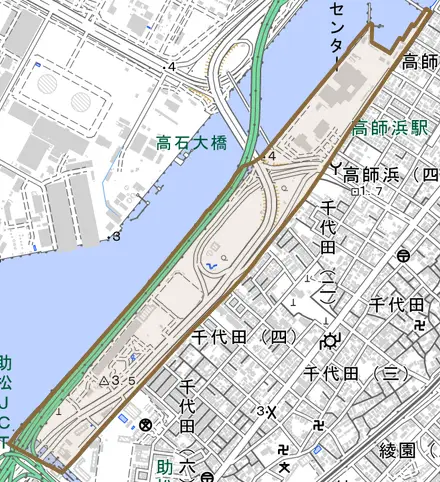 高師浜丁とその周辺の地図。町の範囲を重ねている