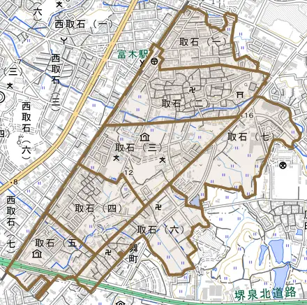 取石とその周辺の地図。町の範囲を重ねている
