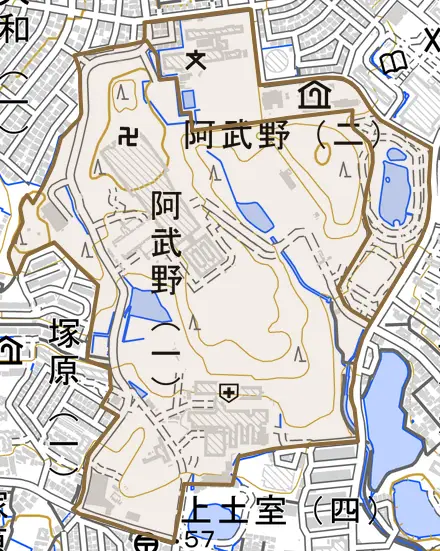 阿武野とその周辺の地図。町の範囲を重ねている