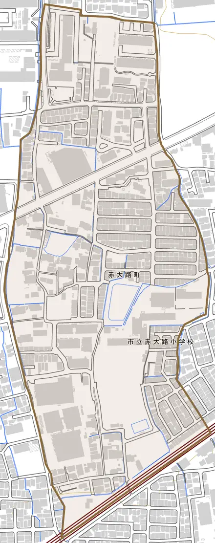 赤大路町とその周辺の地図。町の範囲を重ねている