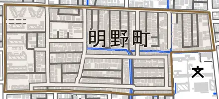 明野町とその周辺の地図。町の範囲を重ねている