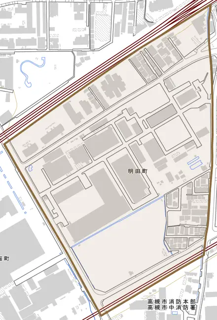 明田町とその周辺の地図。町の範囲を重ねている