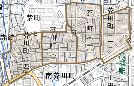 芥川町とその周辺の地図。町の範囲を重ねている