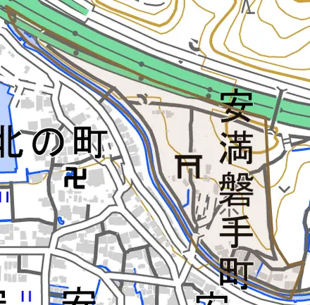 安満磐手町とその周辺の地図。町の範囲を重ねている