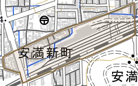 安満新町とその周辺の地図。町の範囲を重ねている