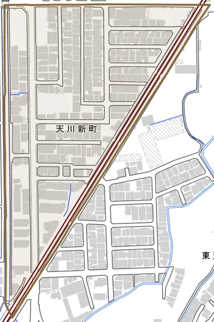 天川新町とその周辺の地図。町の範囲を重ねている