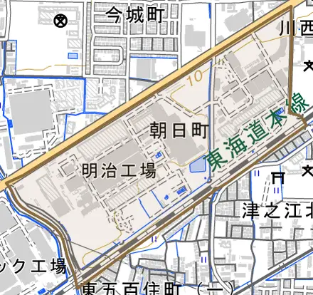 朝日町とその周辺の地図。町の範囲を重ねている