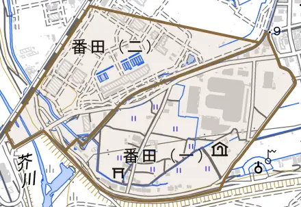 番田とその周辺の地図。町の範囲を重ねている