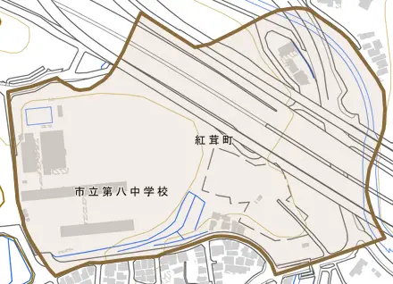紅茸町とその周辺の地図。町の範囲を重ねている