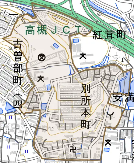 別所本町とその周辺の地図。町の範囲を重ねている