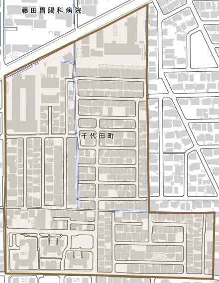 千代田町とその周辺の地図。町の範囲を重ねている