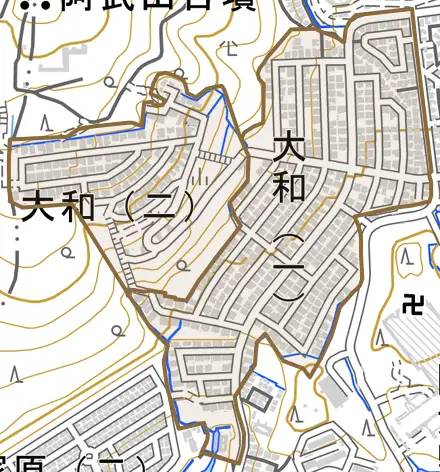 大和とその周辺の地図。町の範囲を重ねている