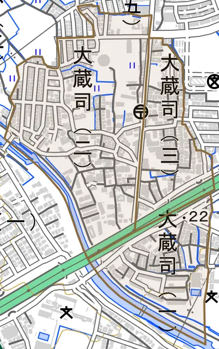 大蔵司とその周辺の地図。町の範囲を重ねている