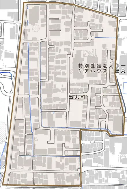 出丸町とその周辺の地図。町の範囲を重ねている