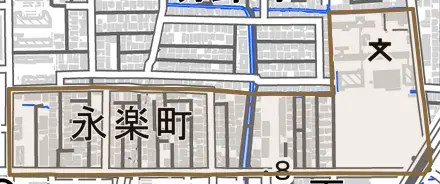 永楽町とその周辺の地図。町の範囲を重ねている