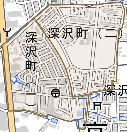 深沢町とその周辺の地図。町の範囲を重ねている
