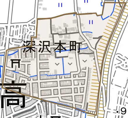 深沢本町とその周辺の地図。町の範囲を重ねている