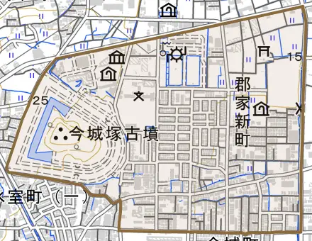 郡家新町とその周辺の地図。町の範囲を重ねている