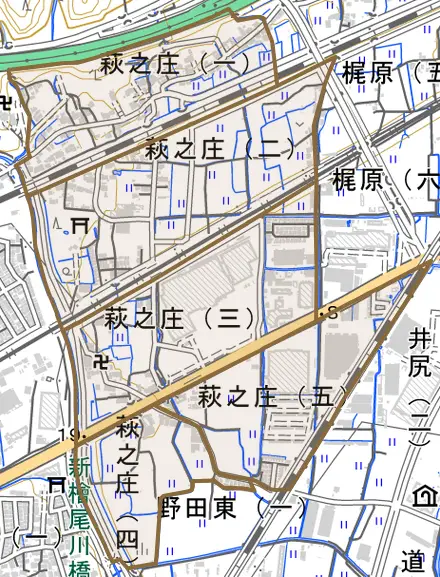 萩之庄とその周辺の地図。町の範囲を重ねている