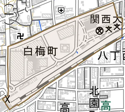 白梅町とその周辺の地図。町の範囲を重ねている