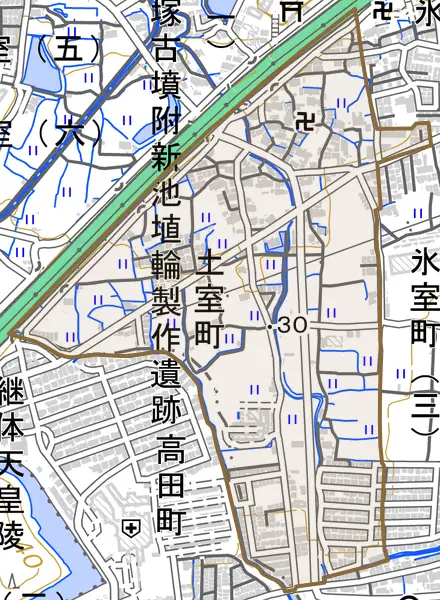 土室町とその周辺の地図。町の範囲を重ねている