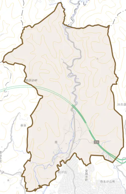 大字原とその周辺の地図。町の範囲を重ねている