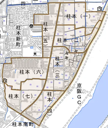 柱本とその周辺の地図。町の範囲を重ねている