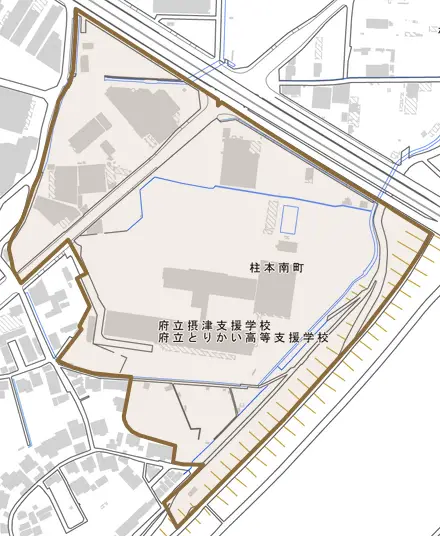 柱本南町とその周辺の地図。町の範囲を重ねている