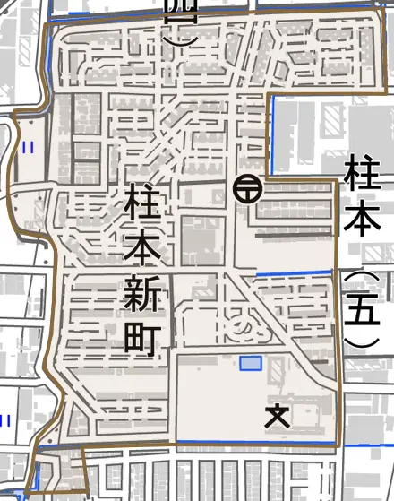 柱本新町とその周辺の地図。町の範囲を重ねている