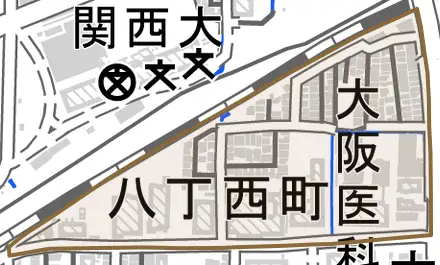 八丁西町とその周辺の地図。町の範囲を重ねている