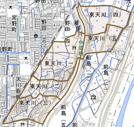 東天川とその周辺の地図。町の範囲を重ねている