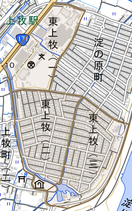 東上牧とその周辺の地図。町の範囲を重ねている