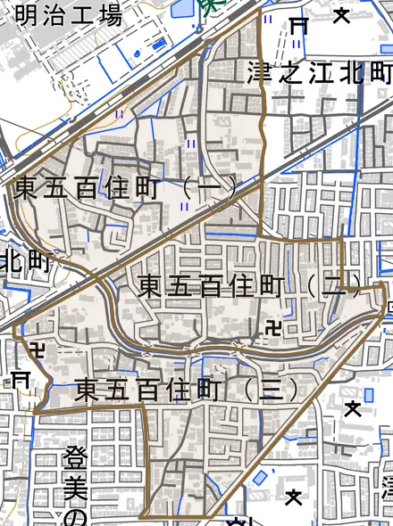 東五百住町とその周辺の地図。町の範囲を重ねている