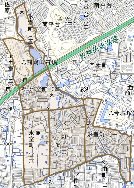 氷室町とその周辺の地図。町の範囲を重ねている