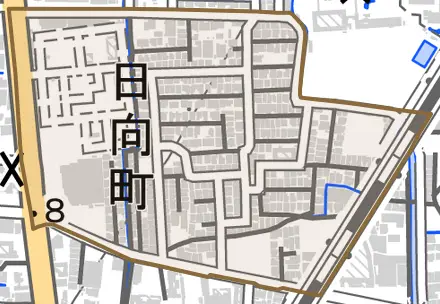 日向町とその周辺の地図。町の範囲を重ねている
