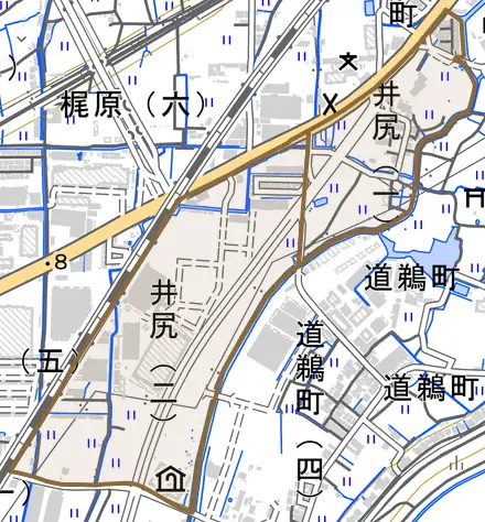井尻とその周辺の地図。町の範囲を重ねている