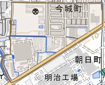 今城町とその周辺の地図。町の範囲を重ねている