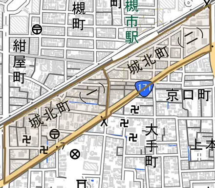 城北町とその周辺の地図。町の範囲を重ねている