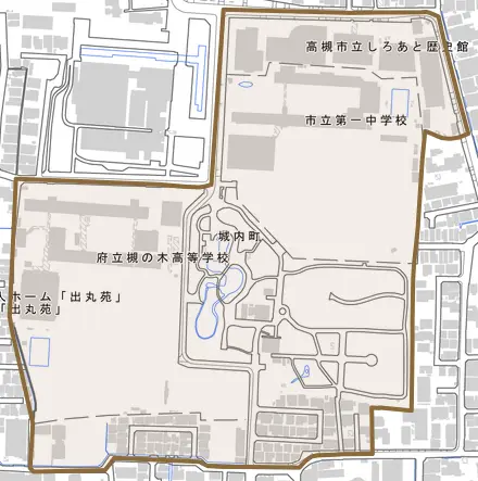 城内町とその周辺の地図。町の範囲を重ねている