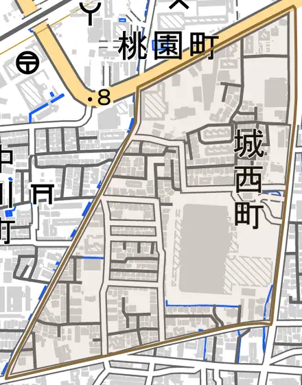 城西町とその周辺の地図。町の範囲を重ねている