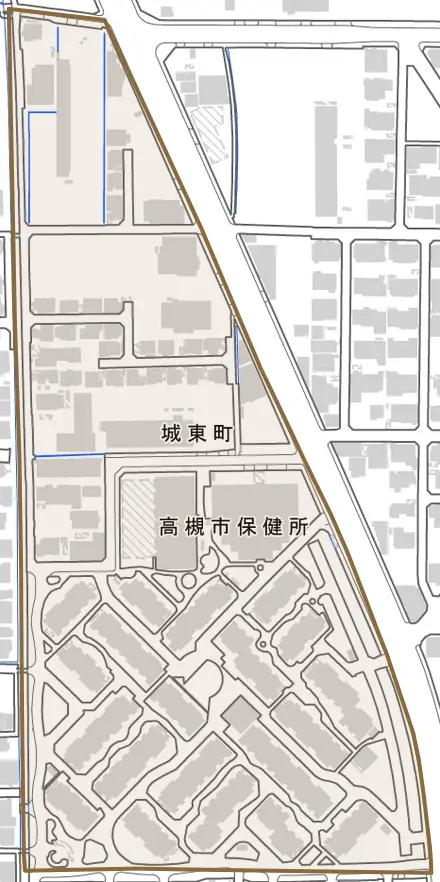 城東町とその周辺の地図。町の範囲を重ねている