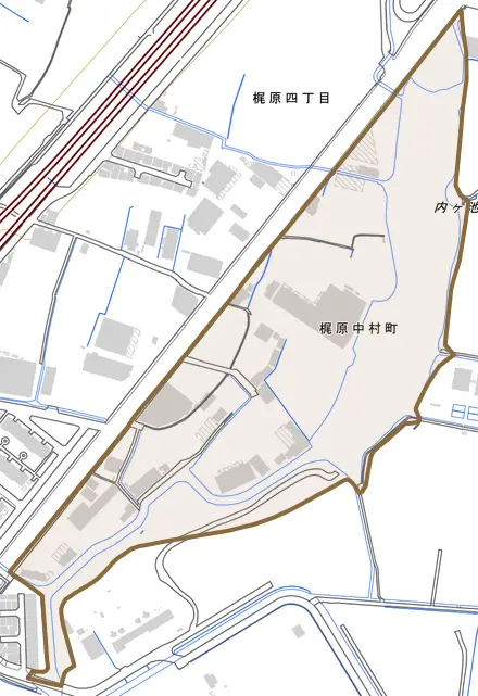 梶原中村町とその周辺の地図。町の範囲を重ねている