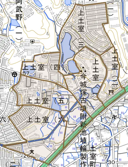 上土室とその周辺の地図。町の範囲を重ねている