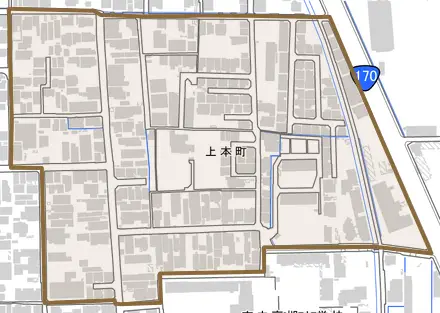 上本町とその周辺の地図。町の範囲を重ねている